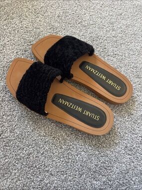 Stuart Weitzman Black Faux-Fur Slide Mules with Tan Footbed